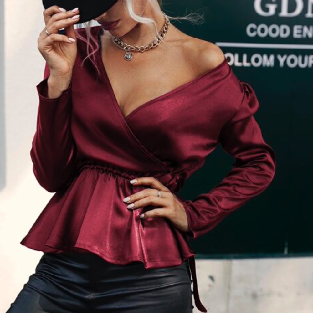 Burgundy Red V neck Satin Peplum Top Sexy Party